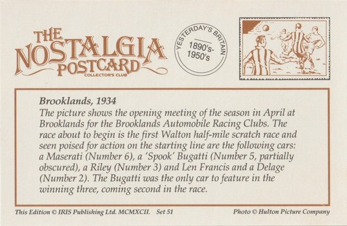 Postcard Racing Car Brooklands Surrey April 1934 Maserati Bugatti Riley Delage - Picture 3 of 3