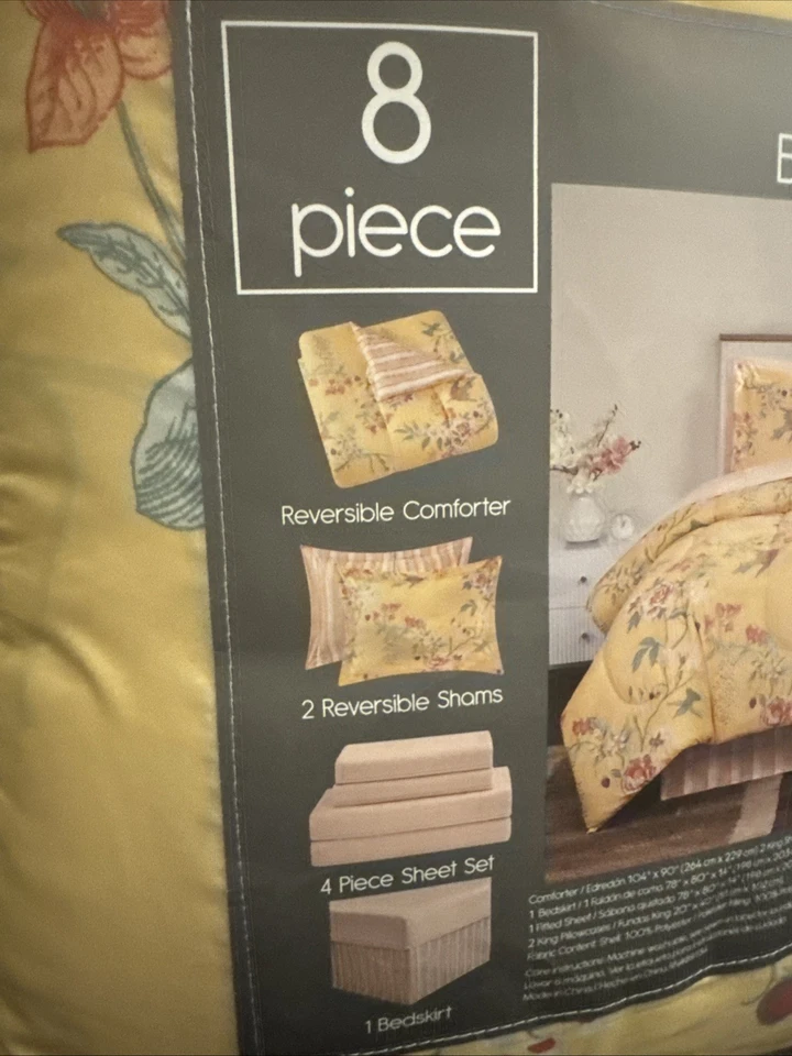 Nuevo en Paquete Pem America Spring Chinoiserie 8 Piezas Juego Edredón Amarillo Reversible King Foto 3 de 4