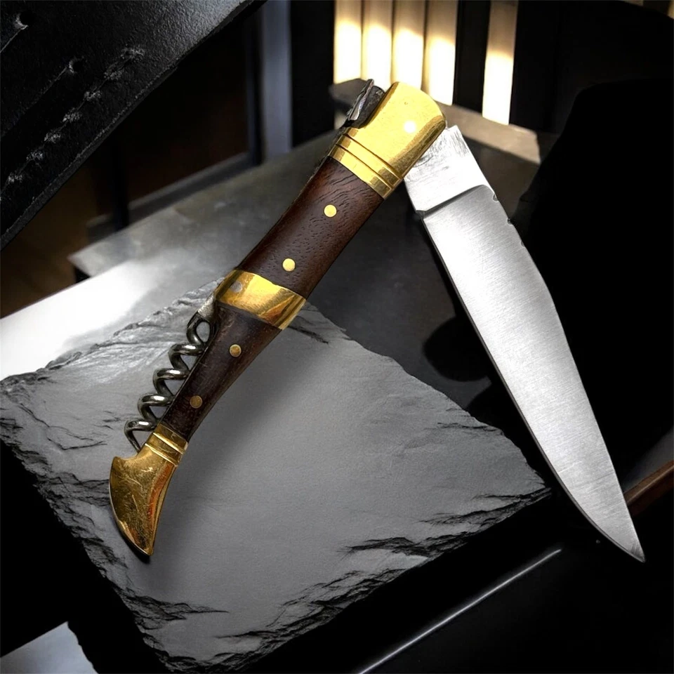 Cuchillo de Bolsillo Laquiole Vintage Hoja Mango de Madera Funda Cuero Sacacorchos Para Hombre Foto 3 de 4
