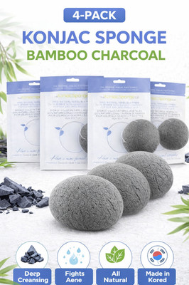 Konjac Sponge with Bamboo Charcoal Deep Pore Cleanser Acne Control LOT OF 4