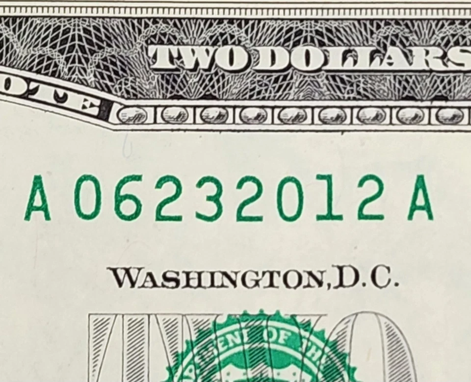 JUNE 23 2012 UNC $2 DOLLAR BILL ~06232012~ FANCY SERIAL # BIRTHDAY ANNIV NOTE - Image 2 of 3