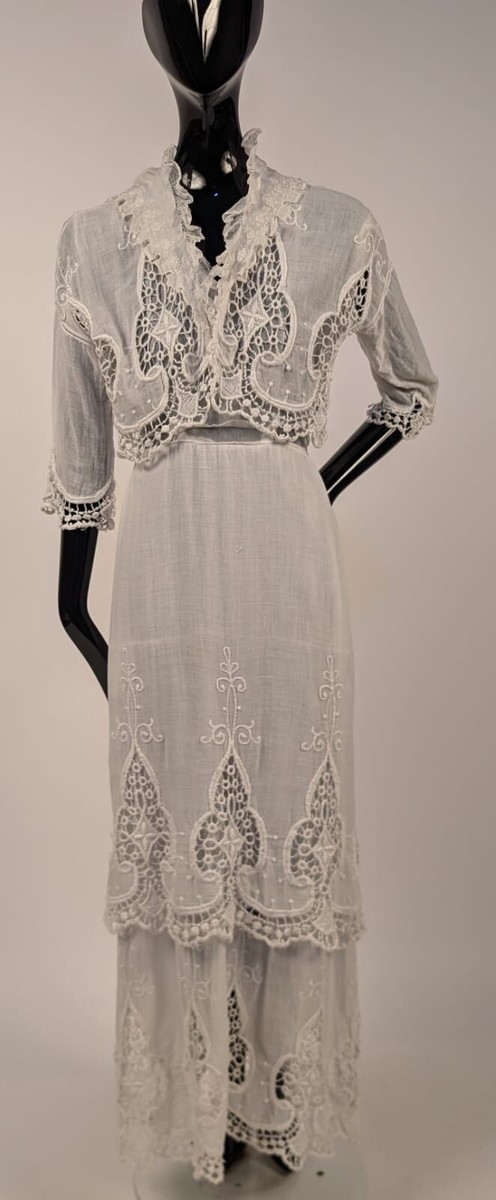 ELEGANT ANTIQUE EDWARDIAN RICH LACE 2 PC DRESS W EMBROIDERY + TIERED SKIRT