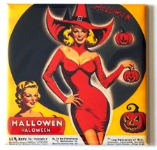 Woman in Sexy Red Witch Halloween Costume FRIDGE MAGNET "style B"