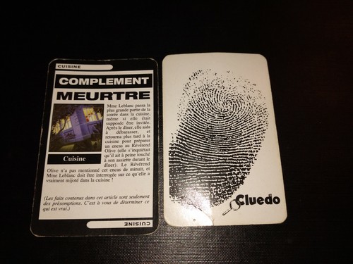 CLUEDO REMPLACEMENT AU CHOIX ARMES CARTES POCHETTE ÉNIGME PIÈCE D'ORIGINE - Photo 13/32