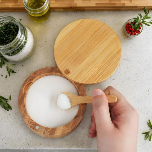 Wood Salt Cellar Bowl Box With Magnetic Lid Wood Seasoning Containers Box Wood - Picture 4 of 12