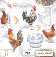 (781) TWO Paper Luncheon Decoupage Art Craft Napkins  CHICKENS HEN ROOSTER FARM