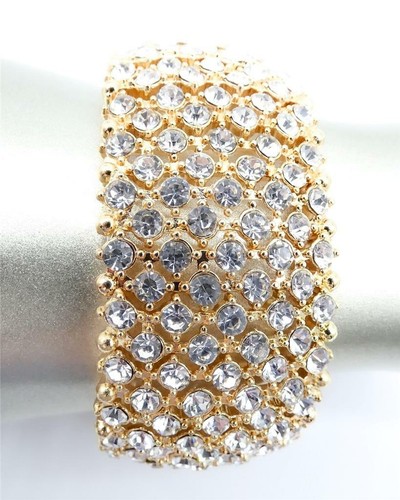 GLITZERNDER SCHIMMER Grob Gold Kristalle Glieder Stretch Armband BRAUT FESTZUG KÖNIGIN - Bild 9 von 11