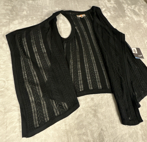 Volcom Cardigan Sweater Vest Womens Extra Small Black Open Knit Crochet - Picture 2 of 14