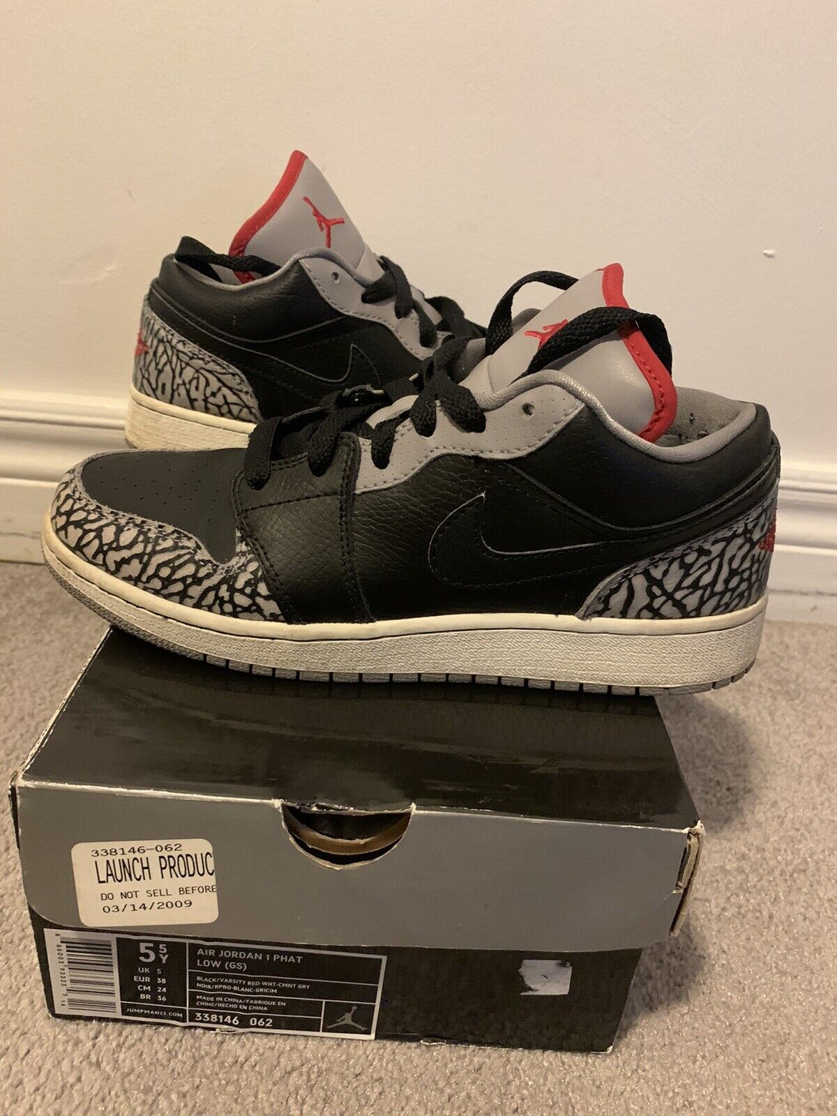 NIKE AIR JORDAN 1 PHAT LOW GS BLACK CEMENT 2008 SIZE 5.5 Y