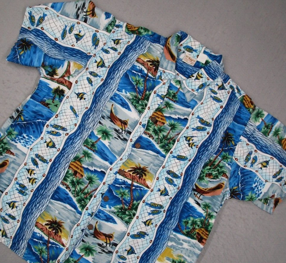 Camisa Go Barefoot Hombres Extra Grande Azul Pez Hawaiano Cuello Lazo Hecha en EE. UU. Foto 2 de 4