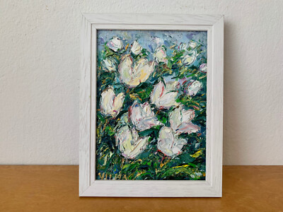 Weiße Tulpen Blumen Ölgemälde auf Leinwand Tafel blühend Garten Wandbild Deko