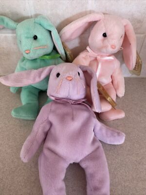 Lot 3 Ty Beanie Baby Bunnies Rabbits Hippity, Floppity, Hoppity /spelling errors