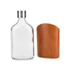 New Glass Flask with Cap 8oz Hip Flask Comes with Genuine Brown Leather Pouch