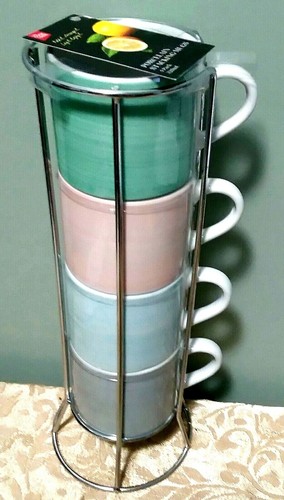COOK & DINE 320ml Porcelain 4Pc Stackable Mugs FREE Metal Rack Stand COFFEE TEA - Imagen 12 de 12