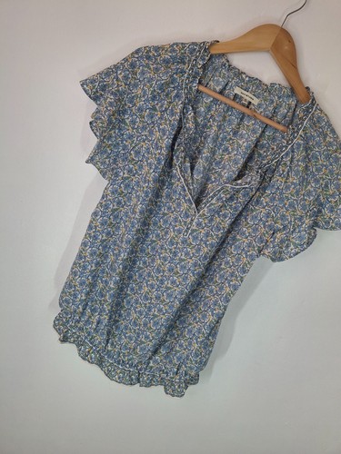 Max Studio Floral Blouse Size Small Blue Short Sleeves V Neck - Picture 2 of 7