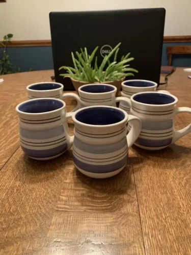 Pfaltzgraff Rio 6 Mugs Blue Cream Stripe Coffee Tea Cups Stoneware  Set of 6 EUC