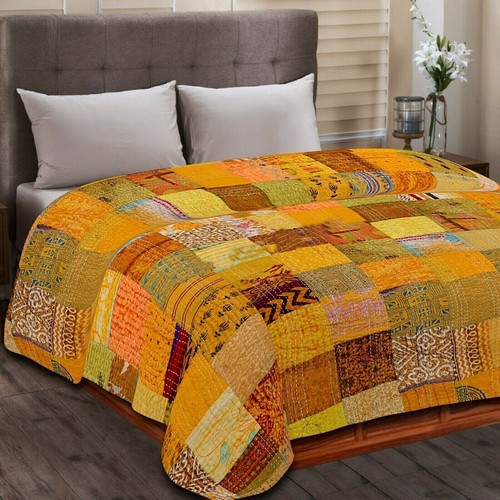 Bohemian Patchwork Kantha Blanket Indian Silk Bedcover Quilts - Picture 6 of 8