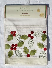 NWT 13" X 72" HOLIDAY WINTER CREAM LINEN TABLE RUNNER - EMBROIDERED HOLLY BERRY