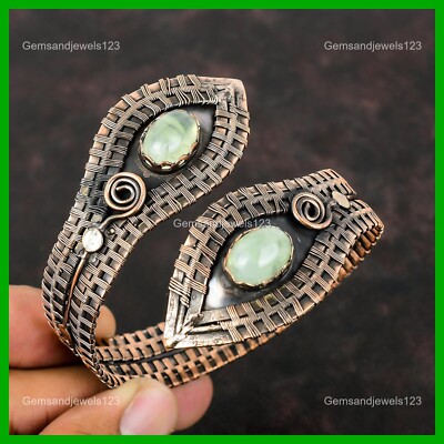 Womens day Sale Copper Oval Prehnite Gemstone Wife Wire Wrapped Bangle Jewelry