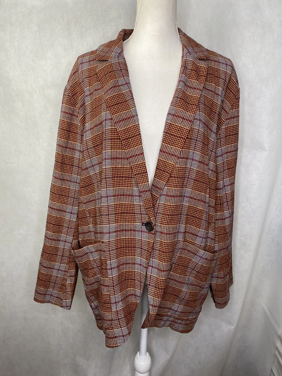 FREE PEOPLE Simply Plaid Linen Viscose Blend Blazer Oversized Red