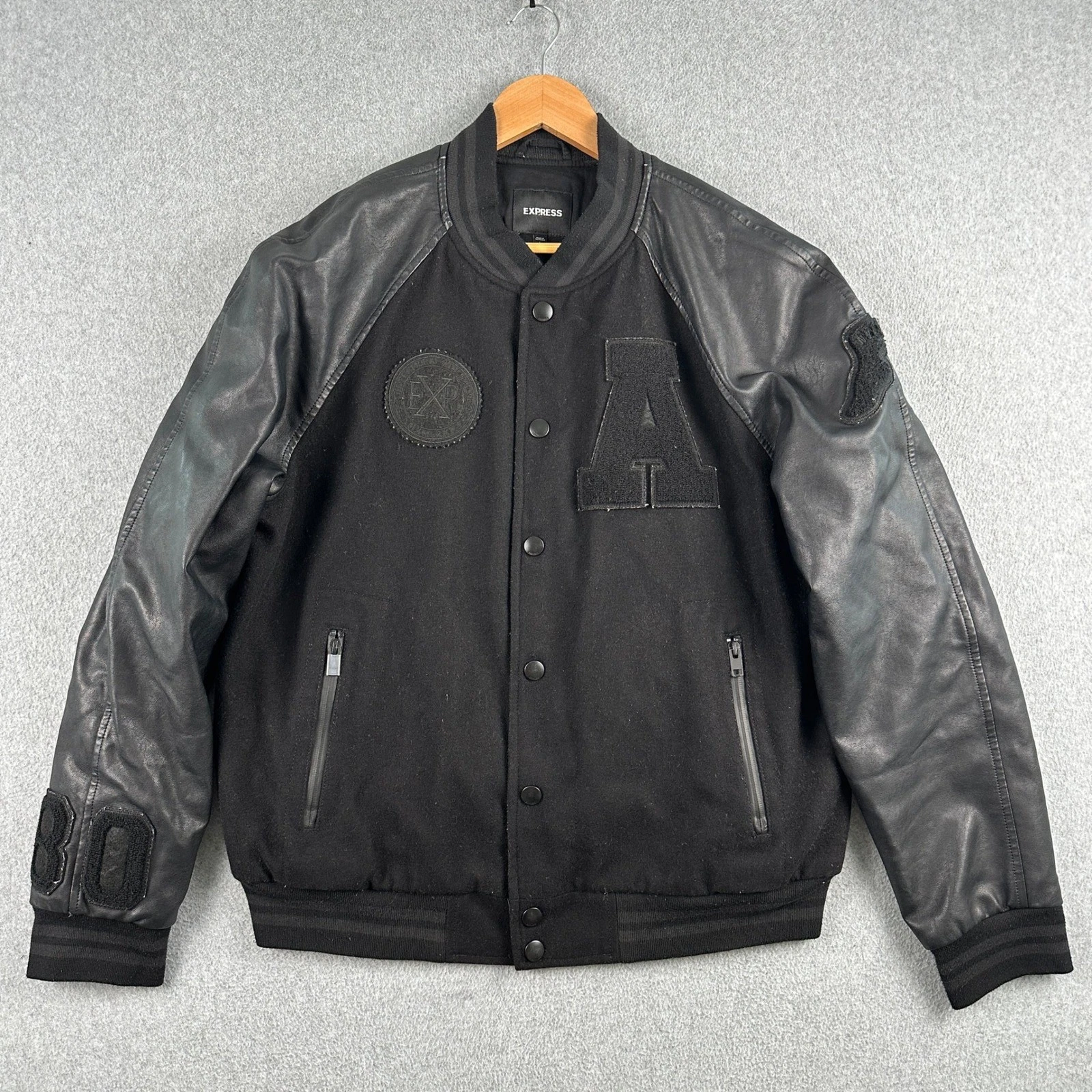 Express Varsity Jacket Mens L Black Wool Faux Leather Letterman Patch Bomber