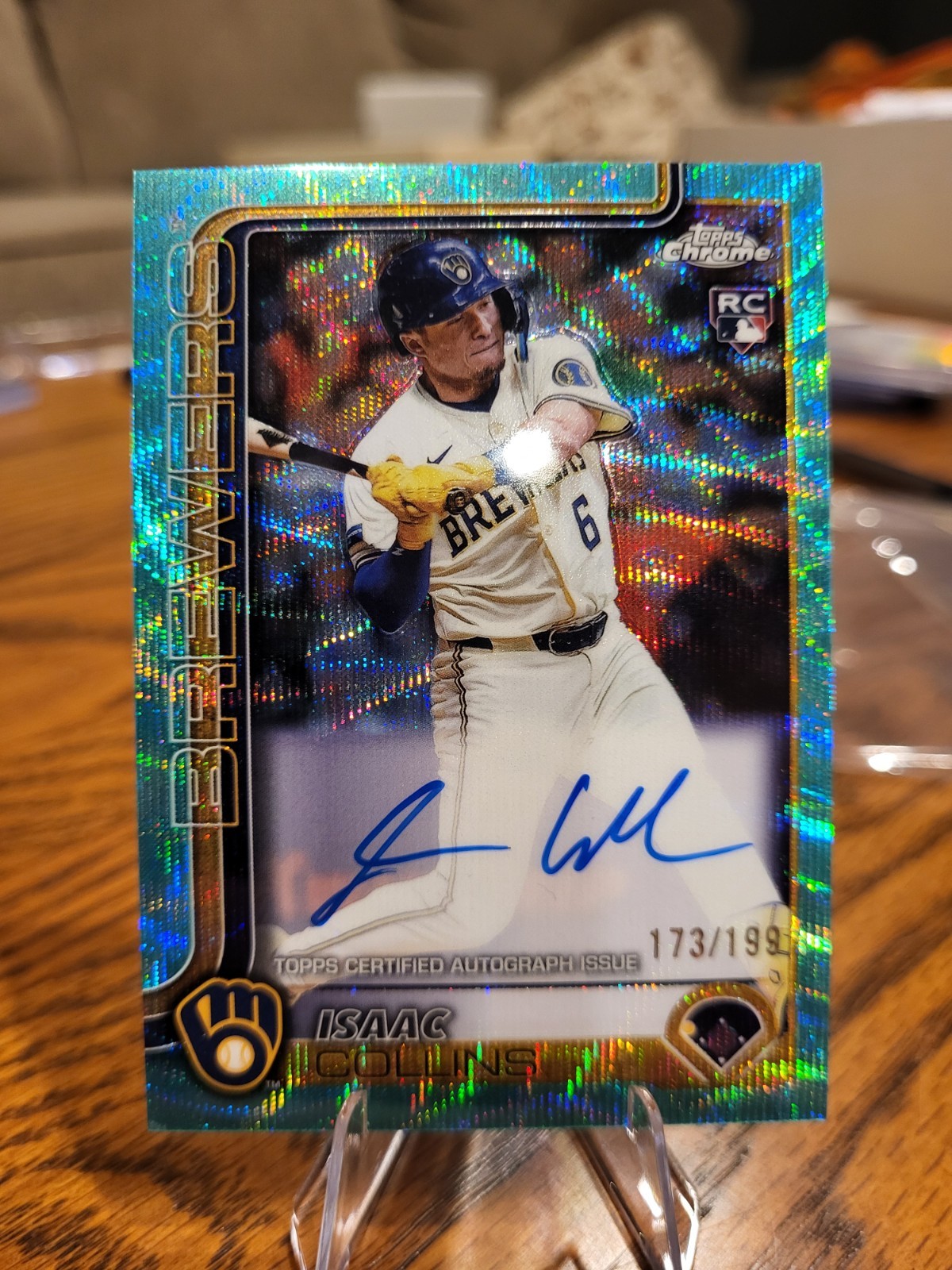 2025 Topps Chrome Isaac Collins Rookie Aqua Wave Refractor Auto /199 Brewers