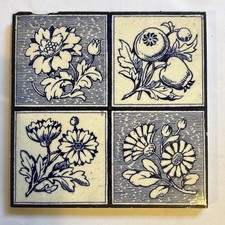 BLUE AND WHITE ARTS AND CRAFTS TILE - FOUR SQUARES - FLORAL PATTERN