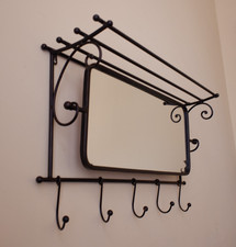 New Vintage Retro MIRROR Metal CARRIAGE Rustic BLACK Industrial Shelf w/Hooks