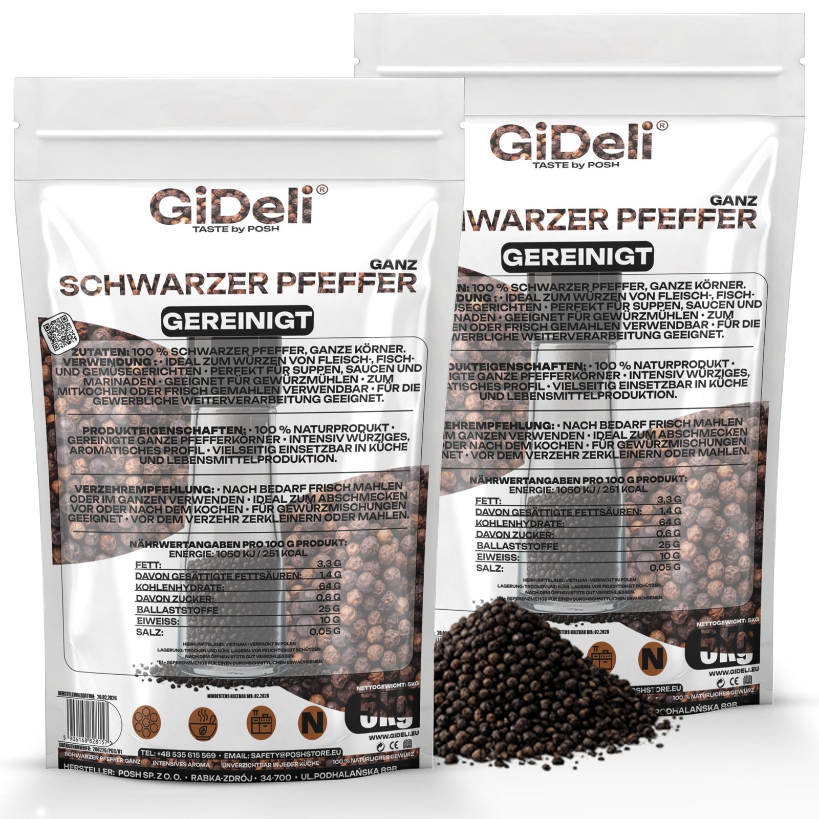 Schwarzer Pfeffer 10kg Ganz Pfefferkörner Gewürz Kochen Natur Beilage GiDeli