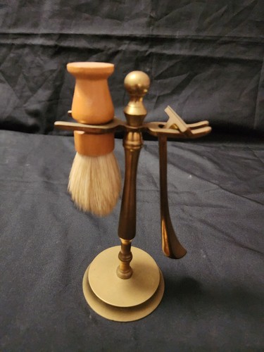 Vintage Gold tone Brass Suds Brush Shaving Razor And Stand