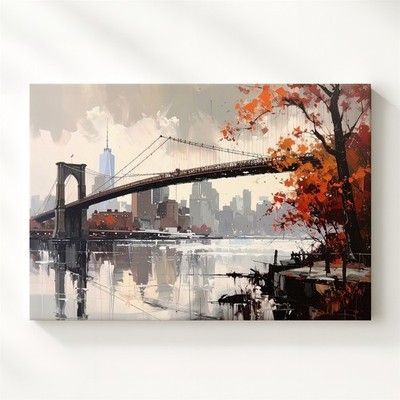 Autumn Bridge Canvas Semi Abstract Suspension Bridge & Cityscape Art Wall Art