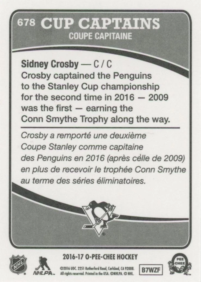 2016-17 O-PEE-CHEE Sidney Crosby CUP CAPTAINS #678 Rare! - Image 2 of 2