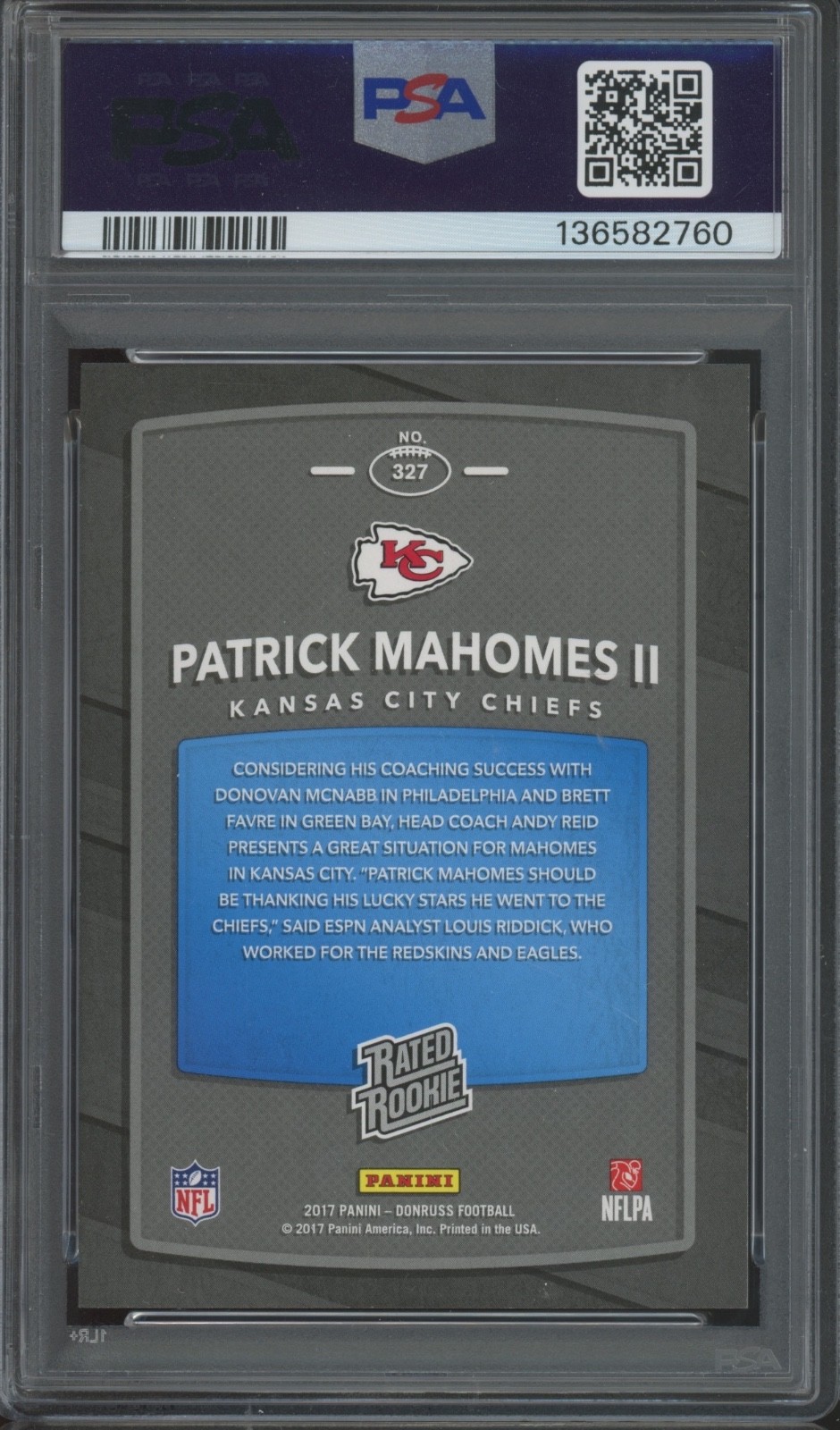 2017 Panini Donruss #327 Patrick Mahomes II RC Rookie Mint PSA 9 10 Auto view 2