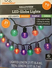 Celebrate Halloween 70 PURPLE GREEN ORANGE Globe G30 Lights ~ 21' Indoor Outdoor