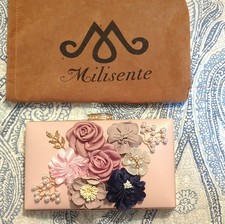 Milisente pink floral pearl beaded clutch bag chain strap dust bag