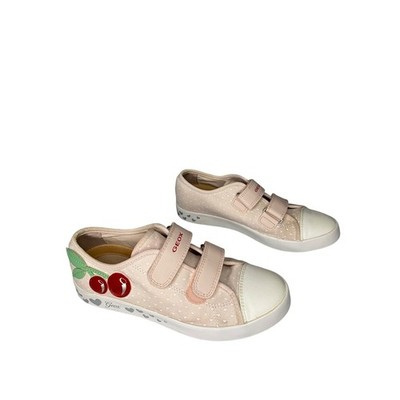 Geox Respira Girls Pink Cherry Heart Canvas Sneakers Hook Loop Size US 3 EUR 34