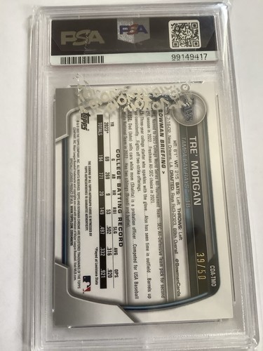  2023 Bowman Draft Chrome Tre ’ Morgan   Gold Auto 39/50  - Picture 2 of 3