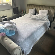 Grey Kingsize Ottoman Sleigh Bed Frame, Button-Tufted, Slats - WITHOUT MATTRESS