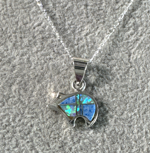 Dainty Denim Lapis Opal Inlay Bear Pendant Sterling Multi 18" Chain Necklace - Picture 2 of 13
