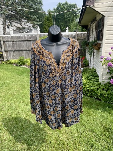 Neu mit Etikett J Jill Pure bestickt Twill Tunika Oberteil 3X Boho V-Ausschnitt Ballon Langarm - Bild 3 von 17