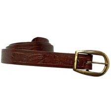 Vintage Western Leather Belt Brown Tooled Floral Brass Buckle 36 Boho
