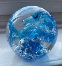 Vintage | Glass Paperweight | Blue Dolphins in Ocean | Art Glass Paperweight