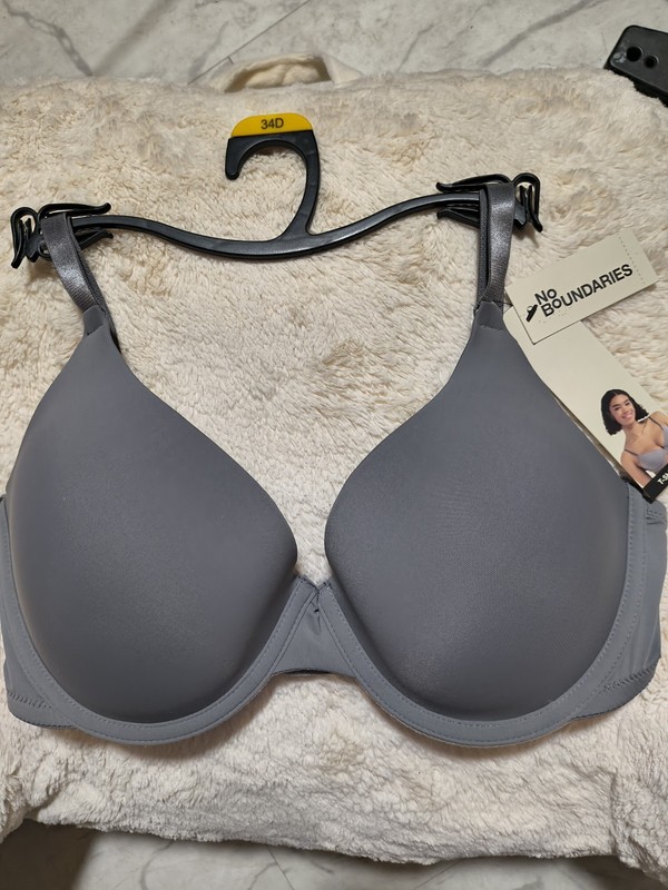 No Boundaries Women’s T-Shirt Bra 34D Gray Solid Underwire Padded Adjustable