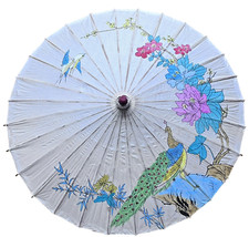Japanese Rice Paper Bamboo Parasol Umbrella Hand Painted Peacock Floral Vintage