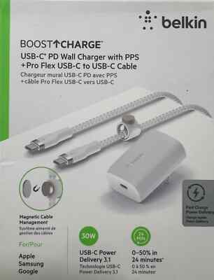 Belkin Boost Charge USB-C PD Wall Charger With PPS + Pro Flex USB-CtoC Cable 30W