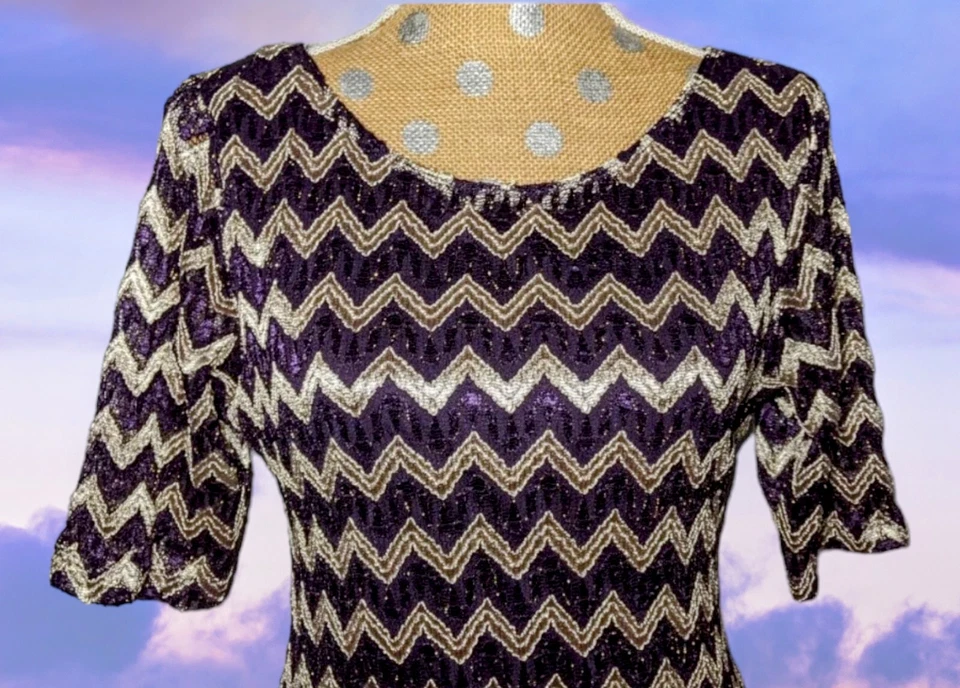 CONNECTED APPAREL Size 10 PETITE Purple Dress Metallic Lace Short Sleeve SPARKLE - Image 2 of 4