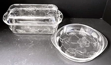 Vintage Clear Glass Loaf Pan W/ Lid & Pie Plate Embossed Flowers Leaves Ovenware