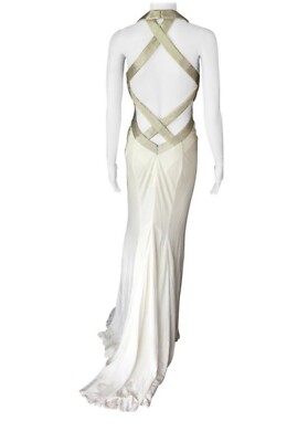 Roberto Cavalli c. 2007 Embellished Plunged Open Back White Evening Dress  Gown
