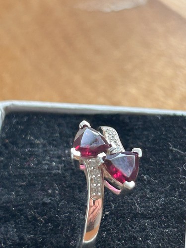 Ladies Sterling Silver Ring With Two Red Stones Size N 1/2 - Picture 3 of 9