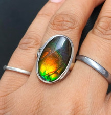 Genuine Ammolite Oval Ring 925 Sterling Silver Gemstone Vintage Style Jewelry 7'